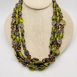 Vintage Multi Strand Green Glass Brown Crystal Bronze Tone Accents Bead Necklace